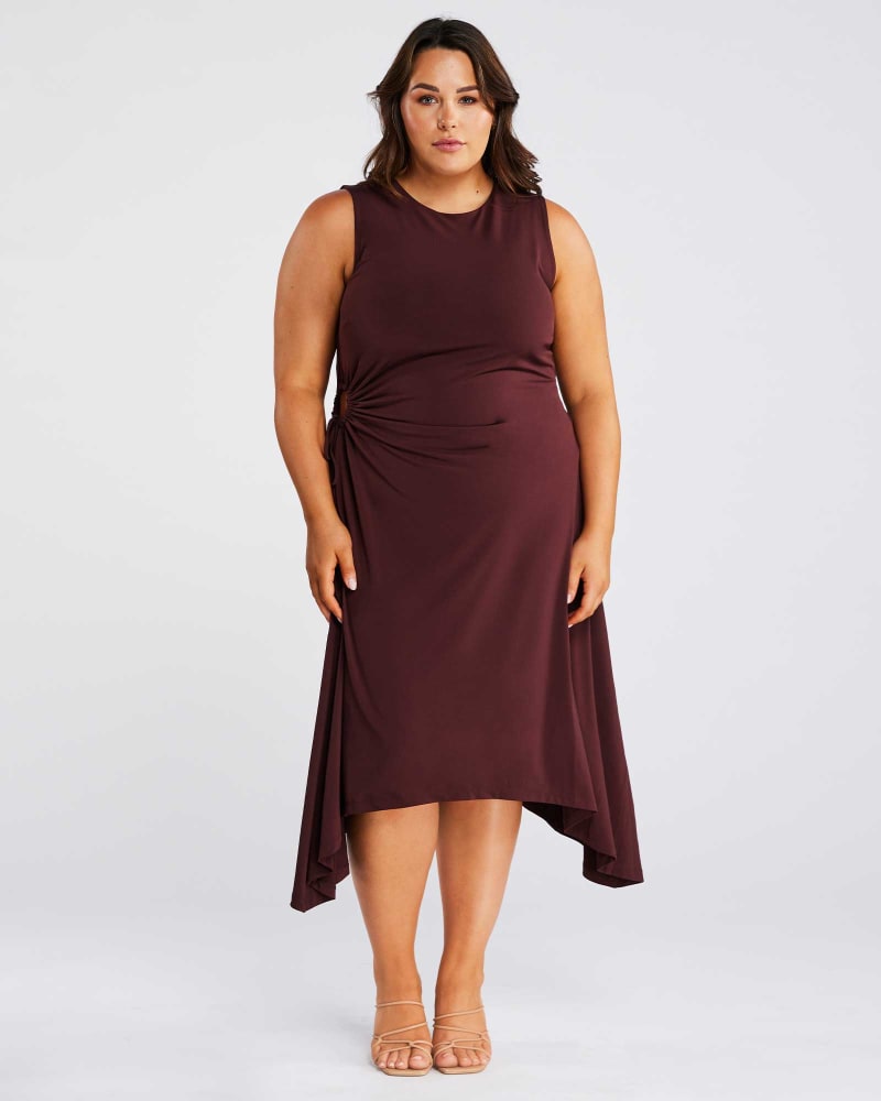 Front of a model wearing a size 16W Yvette Dress in Chocolate by Estelle. | dia_product_style_image_id:302317